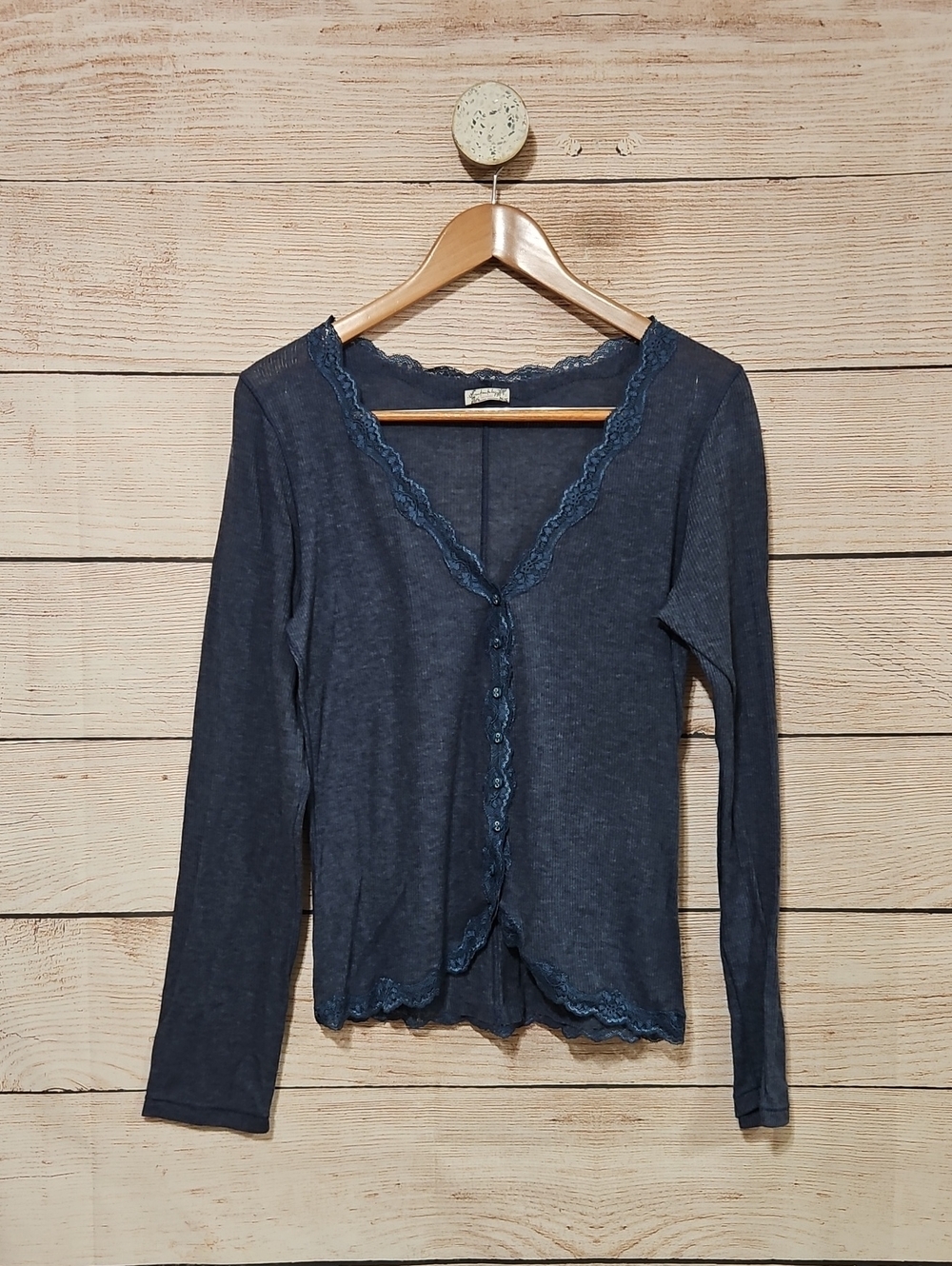 Free People Intimately Navy Lace-Trim Button Front Long Sleeve Top Large